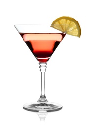 Photo of Glass of cocktail with martini and lemon on white background