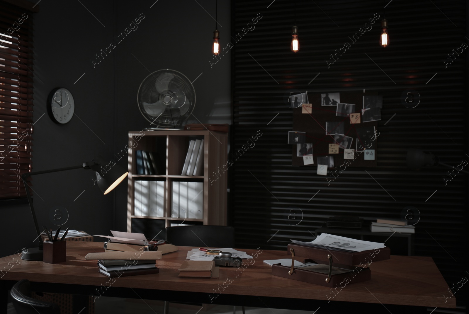 Photo of Detective office interior with evidence board on wall