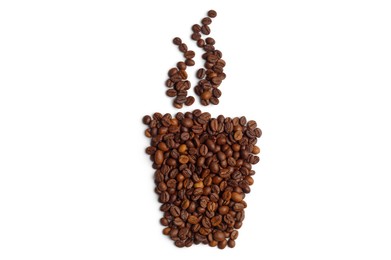 Cup of hot drink, composition made with coffee beans isolated on white, top view