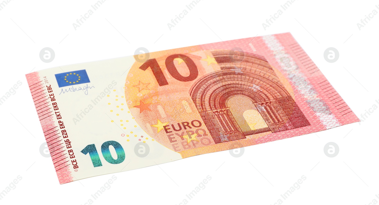 Photo of Ten Euro banknote lying on white background