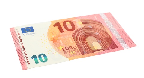 Photo of Ten Euro banknote lying on white background