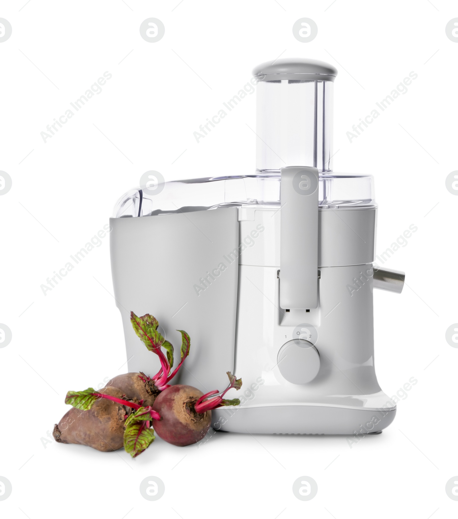 Photo of Fresh beets and modern juicer isolated on white