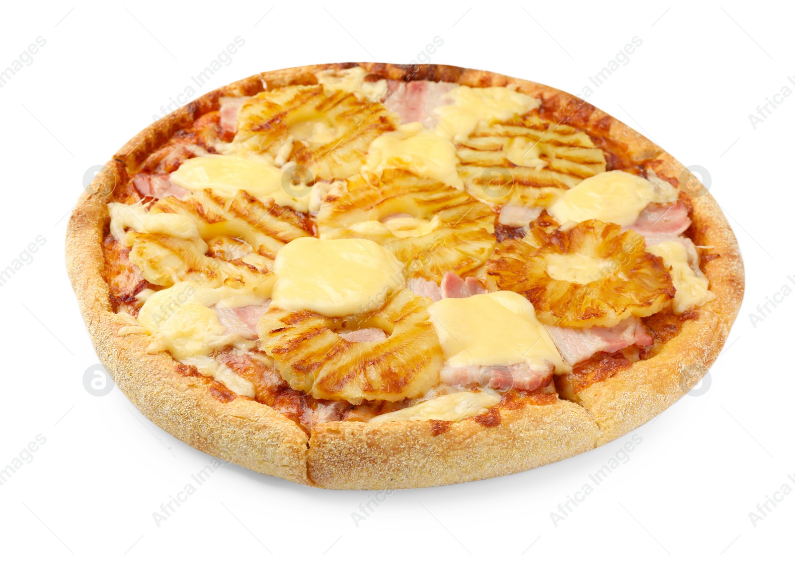 Photo of One delicious pineapple pizza isolated on white