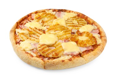 Photo of One delicious pineapple pizza isolated on white