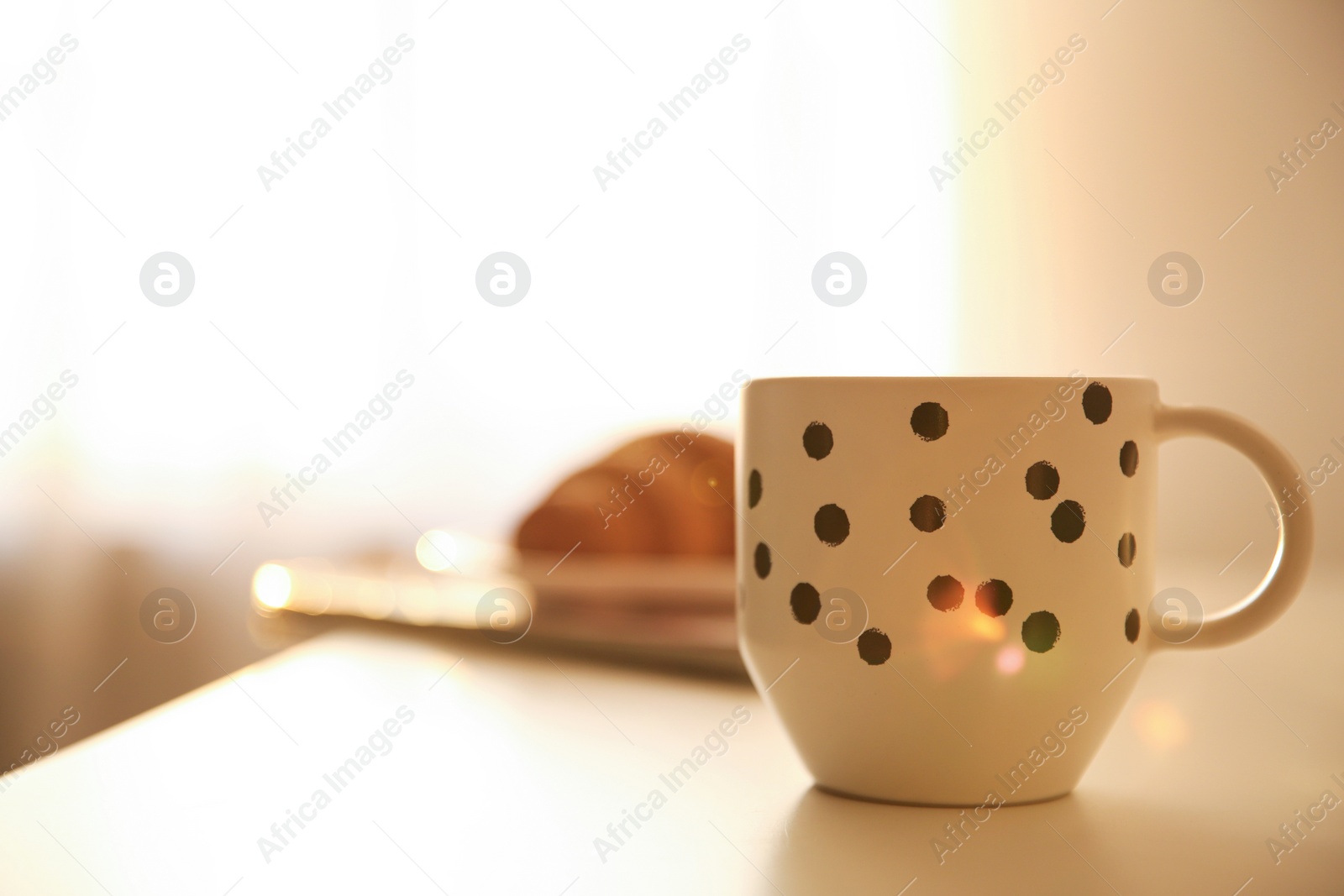 Photo of Cup of hot drink on table, space for text. Lazy morning