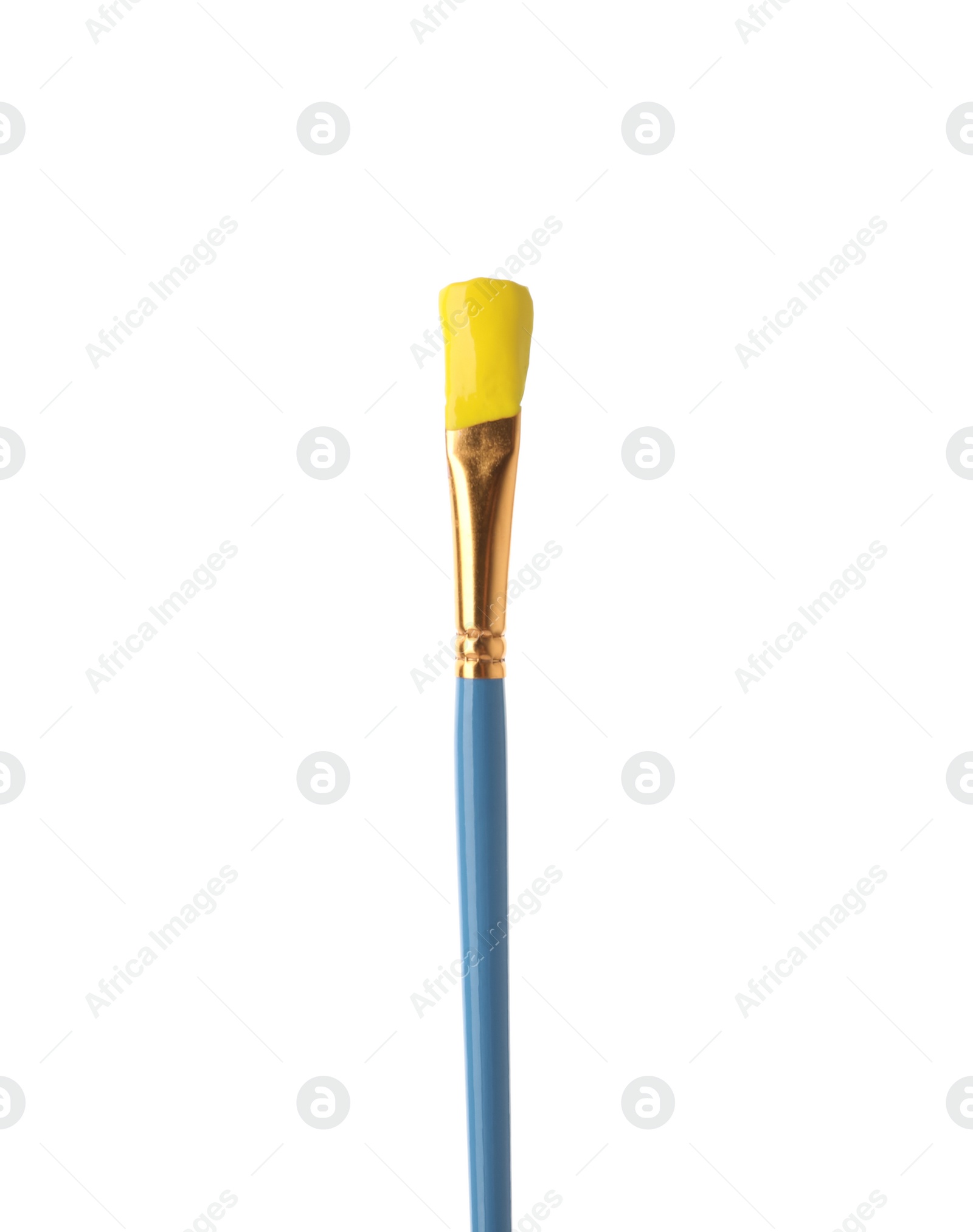 Photo of Brush with yellow paint isolated on white