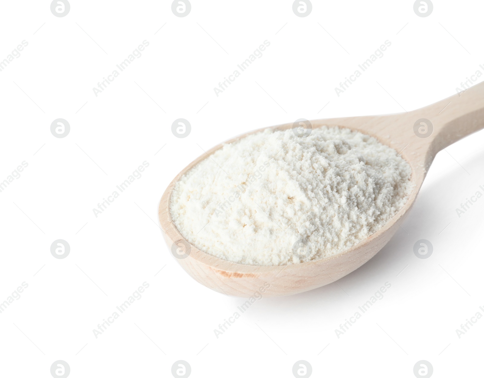 Photo of Spoon of wheat flour isolated on white. Space for text