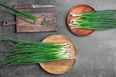 Beautiful composition with fresh green onion on table, top view