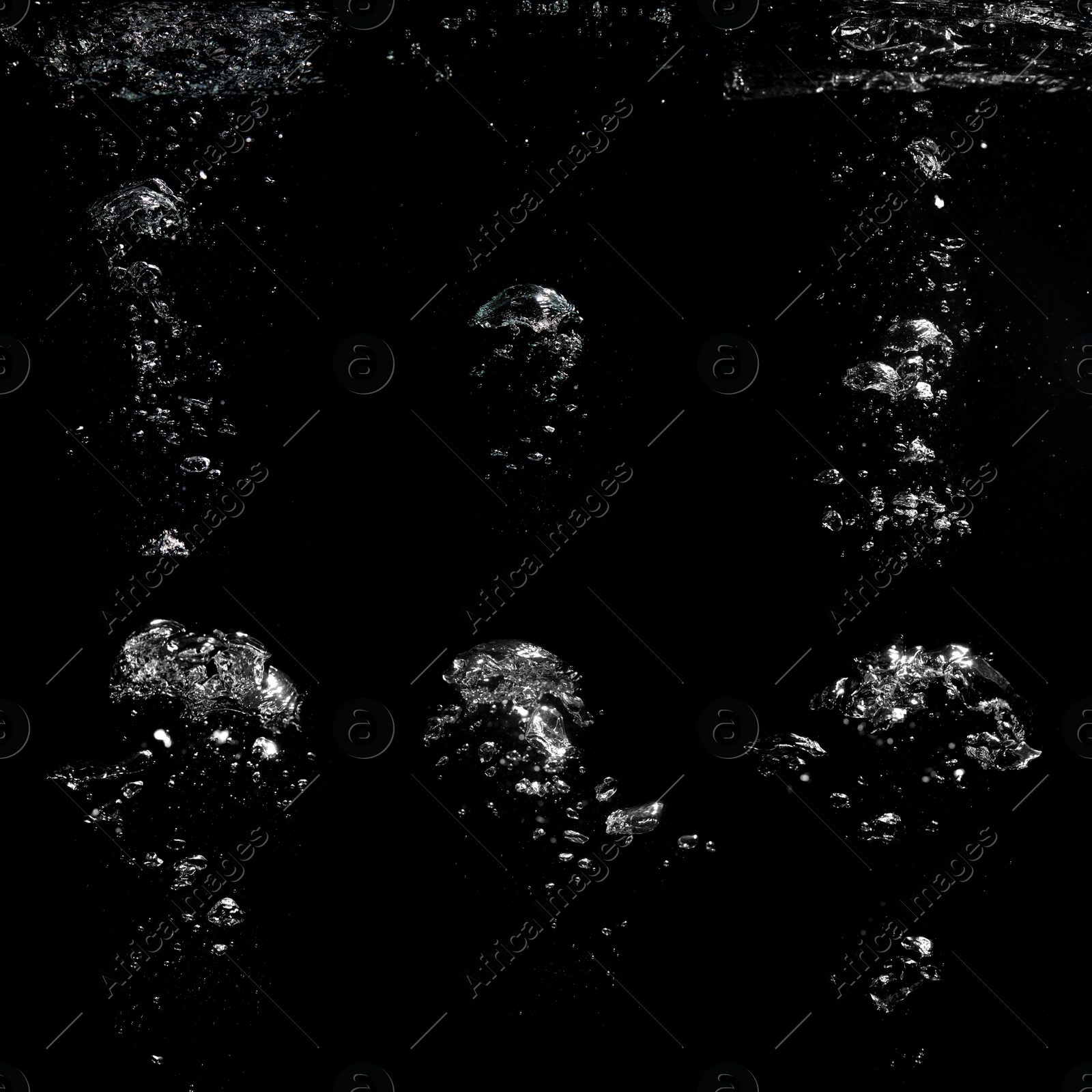 Image of Collage with air bubbles in water on black background