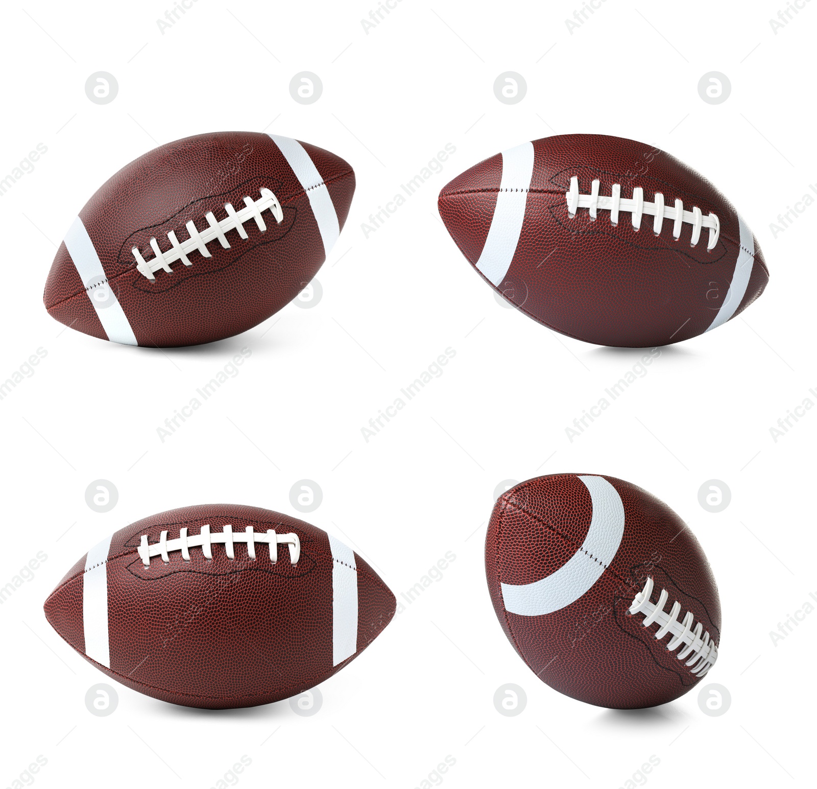 Image of Set with leather American football balls on white background. Football equipment