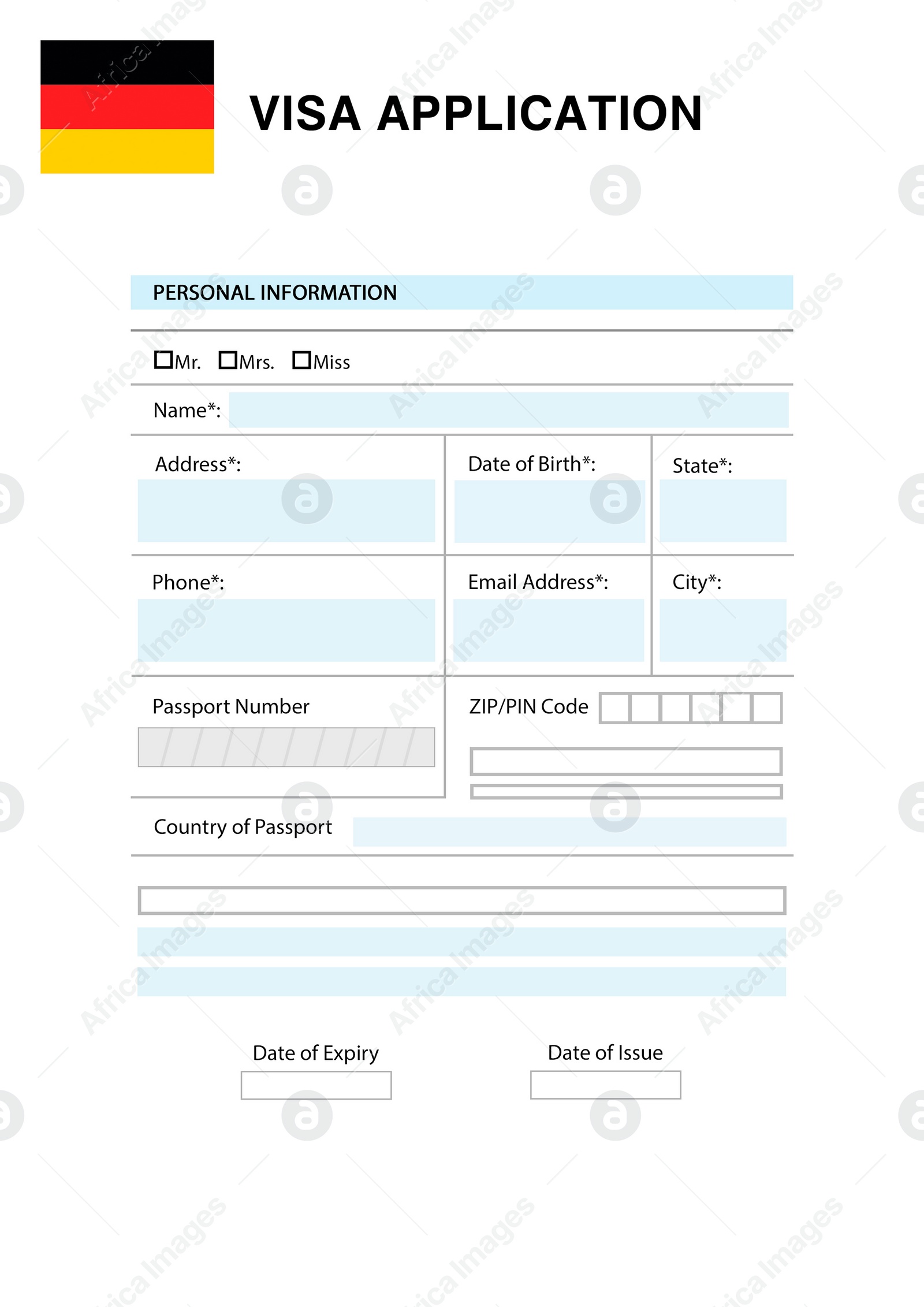 Illustration of Immigration to Germany. Blank application visa form