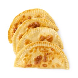 Photo of Delicious fried chebureki with cheese isolated on white, top view