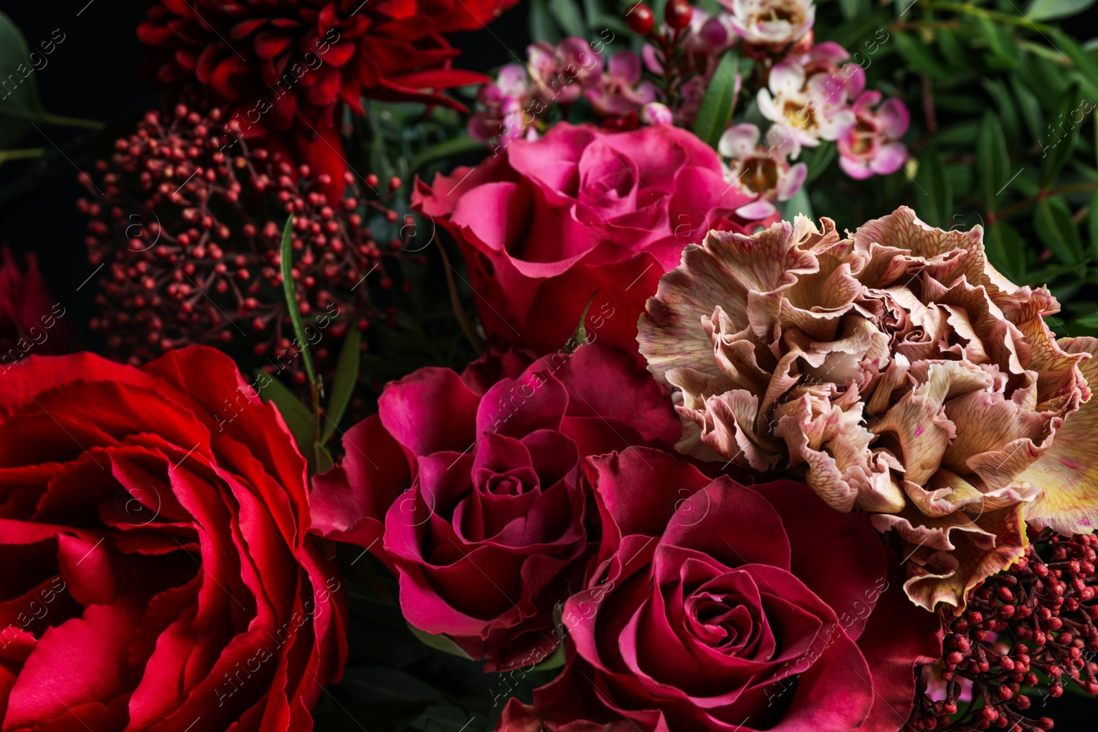 Photo of Beautiful fresh bouquet as background, closeup. Floral decor