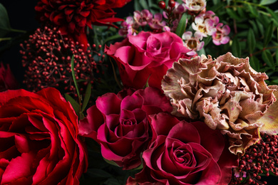 Beautiful fresh bouquet as background, closeup. Floral decor