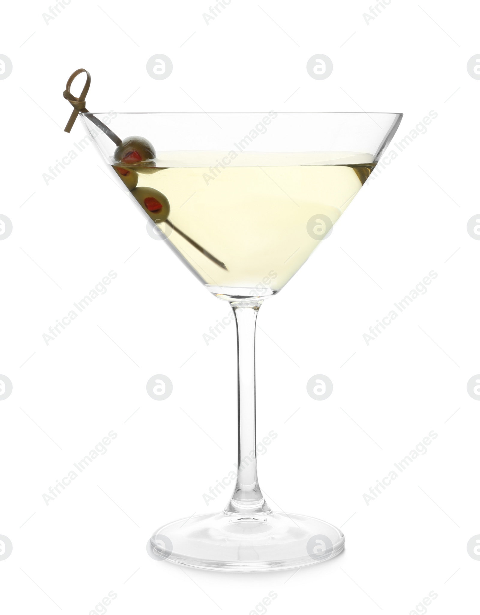Photo of Glass of Classic Dry Martini with olives on white background