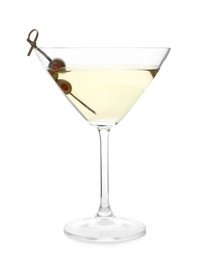 Glass of Classic Dry Martini with olives on white background