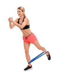 Woman exercising with elastic resistance band on white background