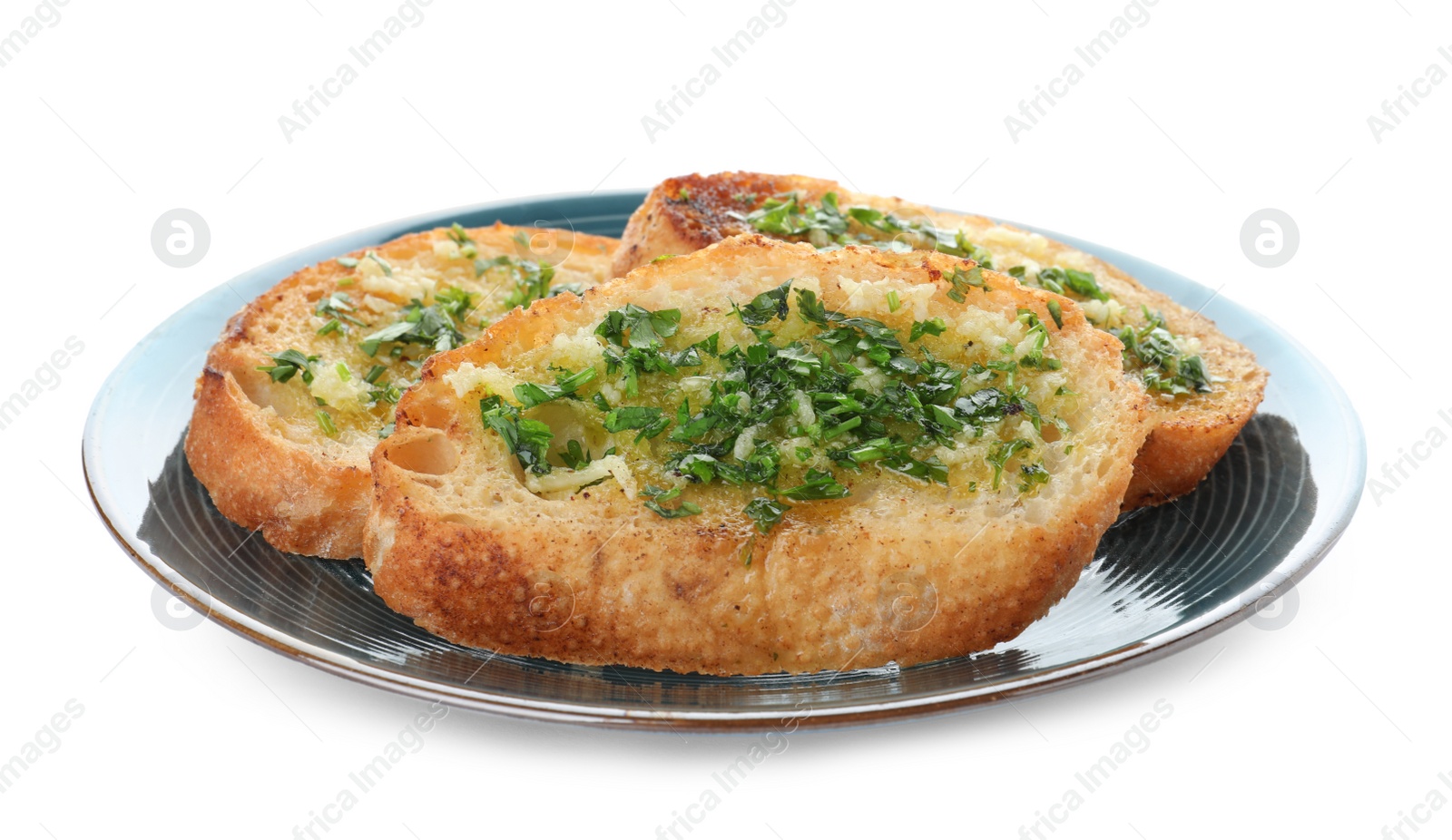 Photo of Slices of toasted bread with garlic and herb on white background