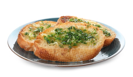 Photo of Slices of toasted bread with garlic and herb on white background