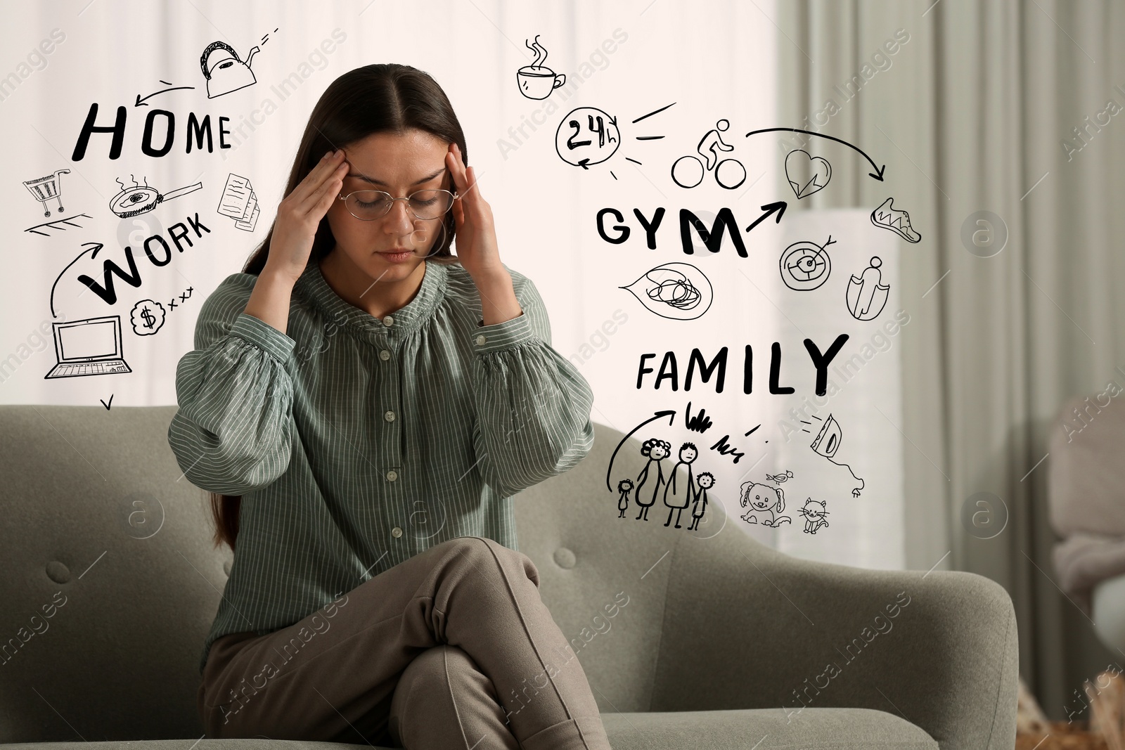 Image of Stressed young woman, text and drawings indoors