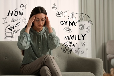 Image of Stressed young woman, text and drawings indoors