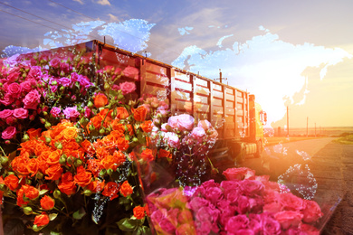 Image of Multiple exposure of truck, flowers and world map. Wholesale concept
