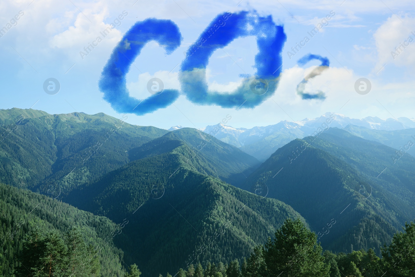 Image of Concept of clear air. CO2 inscription and beautiful mountain landscape