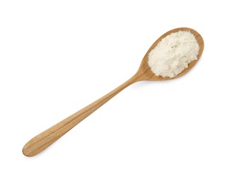 Photo of Baking powder in spoon isolated on white, top view