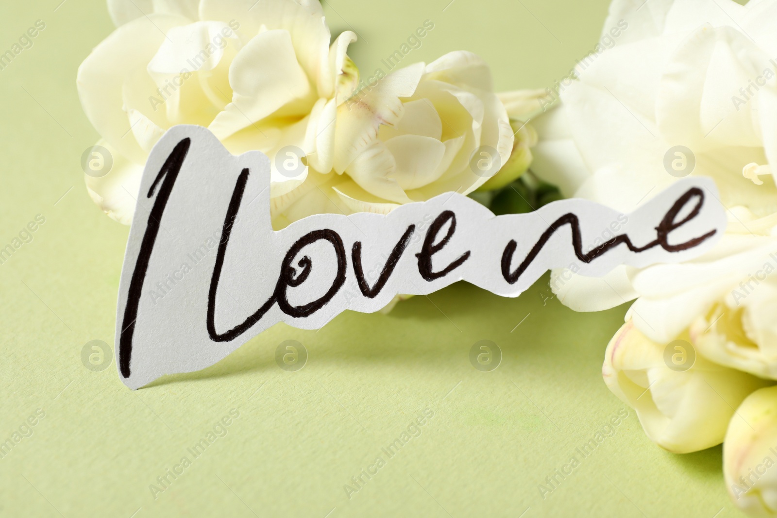Photo of Piece of paper with handwritten phrase I Love Me  and flowers on light background, closeup