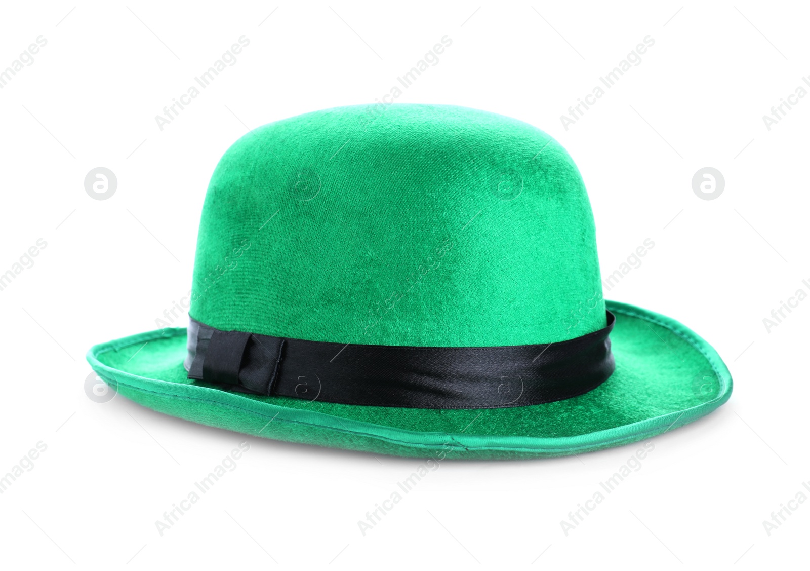 Photo of Green leprechaun hat isolated on white. St. Patrick's Day celebration