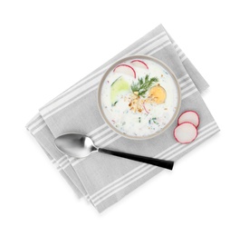 Delicious cold summer soup on white background, top view