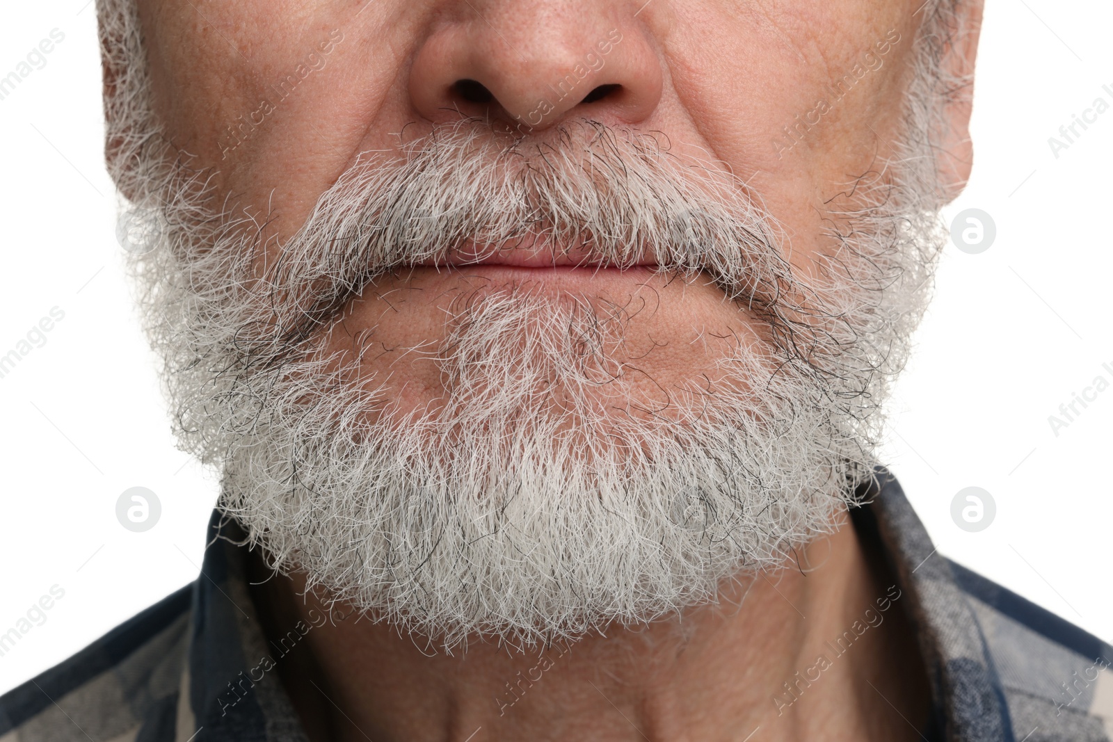 Photo of Man with mustache on white background, closeup