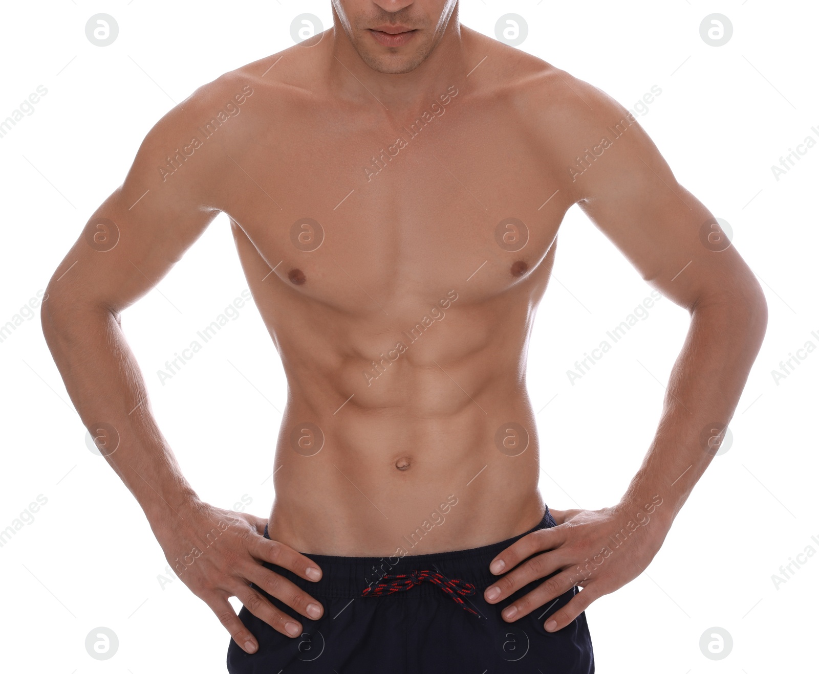 Photo of Shirtless man with slim body isolated on white, closeup