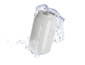 Image of Aluminum can with splash of water on white background