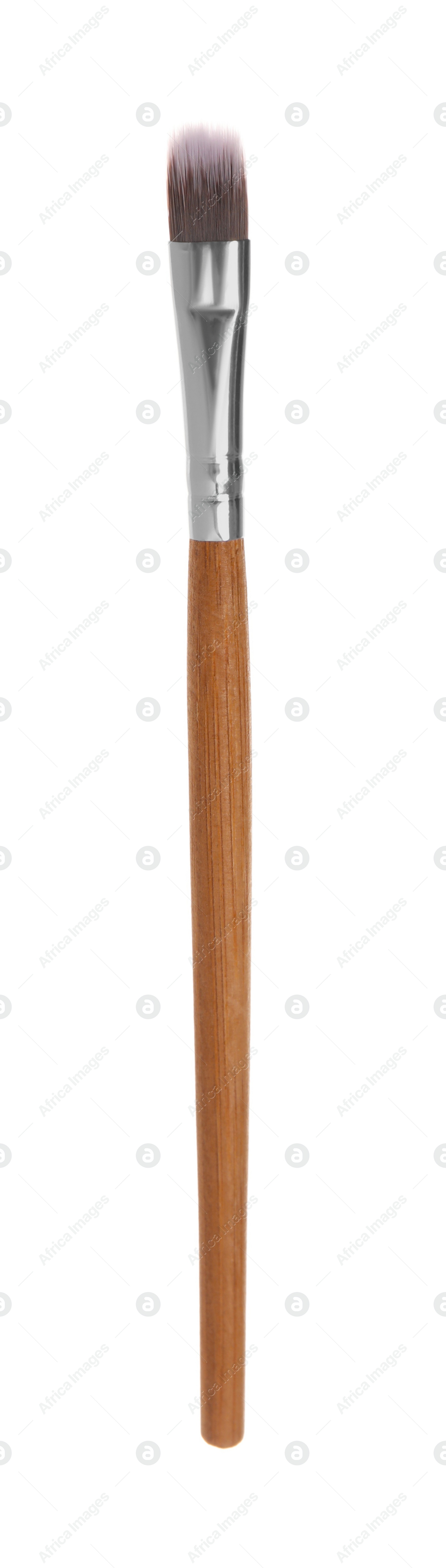 Photo of Makeup brush with wooden handle isolated on white