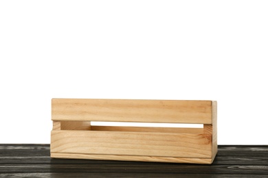 Photo of Empty rustic wooden crate on table against white background