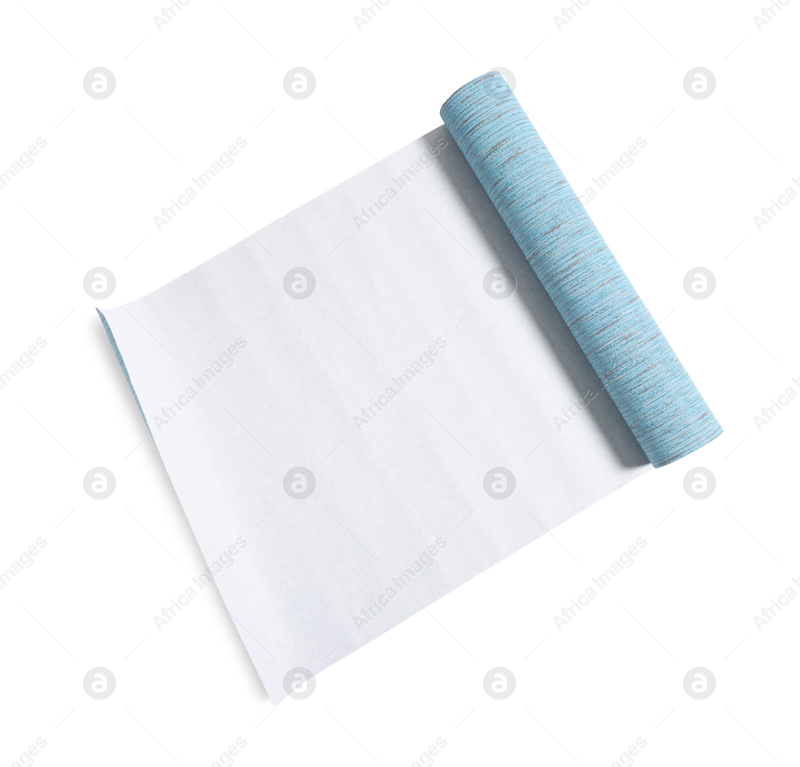 Photo of One light blue wallpaper roll isolated on white, top view