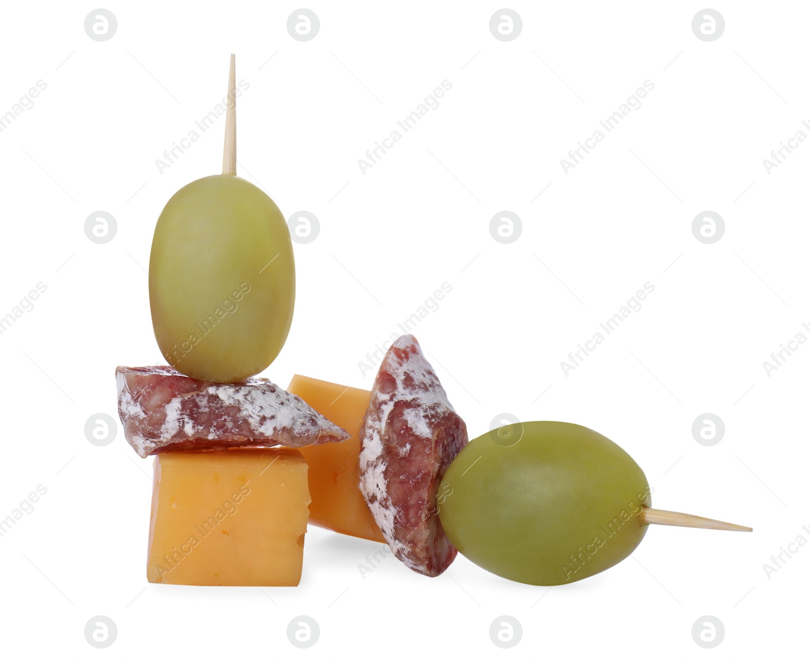 Photo of Toothpick appetizers. Tasty cheese, sausage and grapes on white background