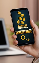 Image of Digital inheritance concept. Woman using mobile phone indoors, closeup. Text, illustrations of golden key and falling coins with currency symbols on device screen
