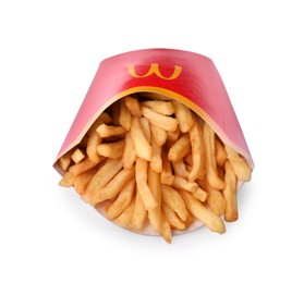 MYKOLAIV, UKRAINE - AUGUST 12, 2021: Big portion of McDonald's French fries on white background