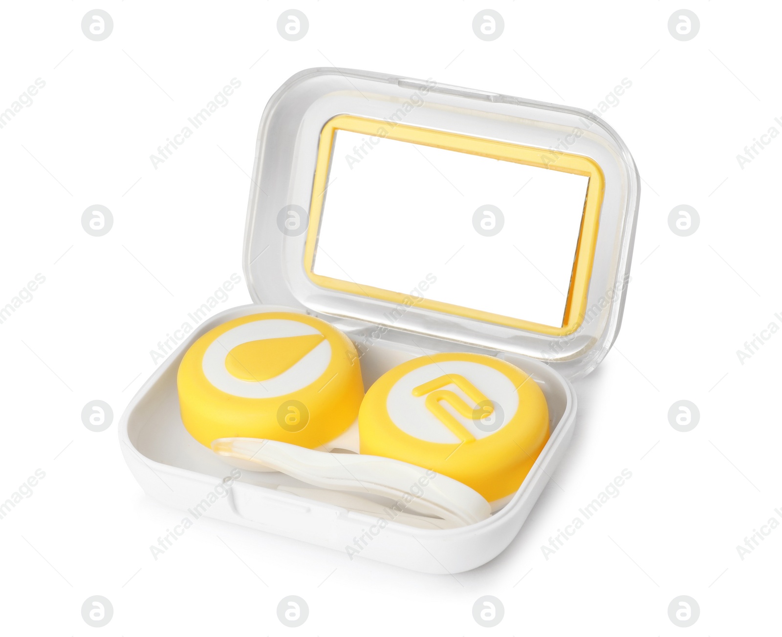 Photo of Container with contact lenses and tweezers on white background. Medical item