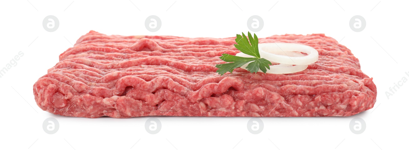 Photo of Raw ground meat, onion and parsley isolated on white