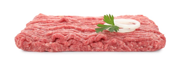 Raw ground meat, onion and parsley isolated on white