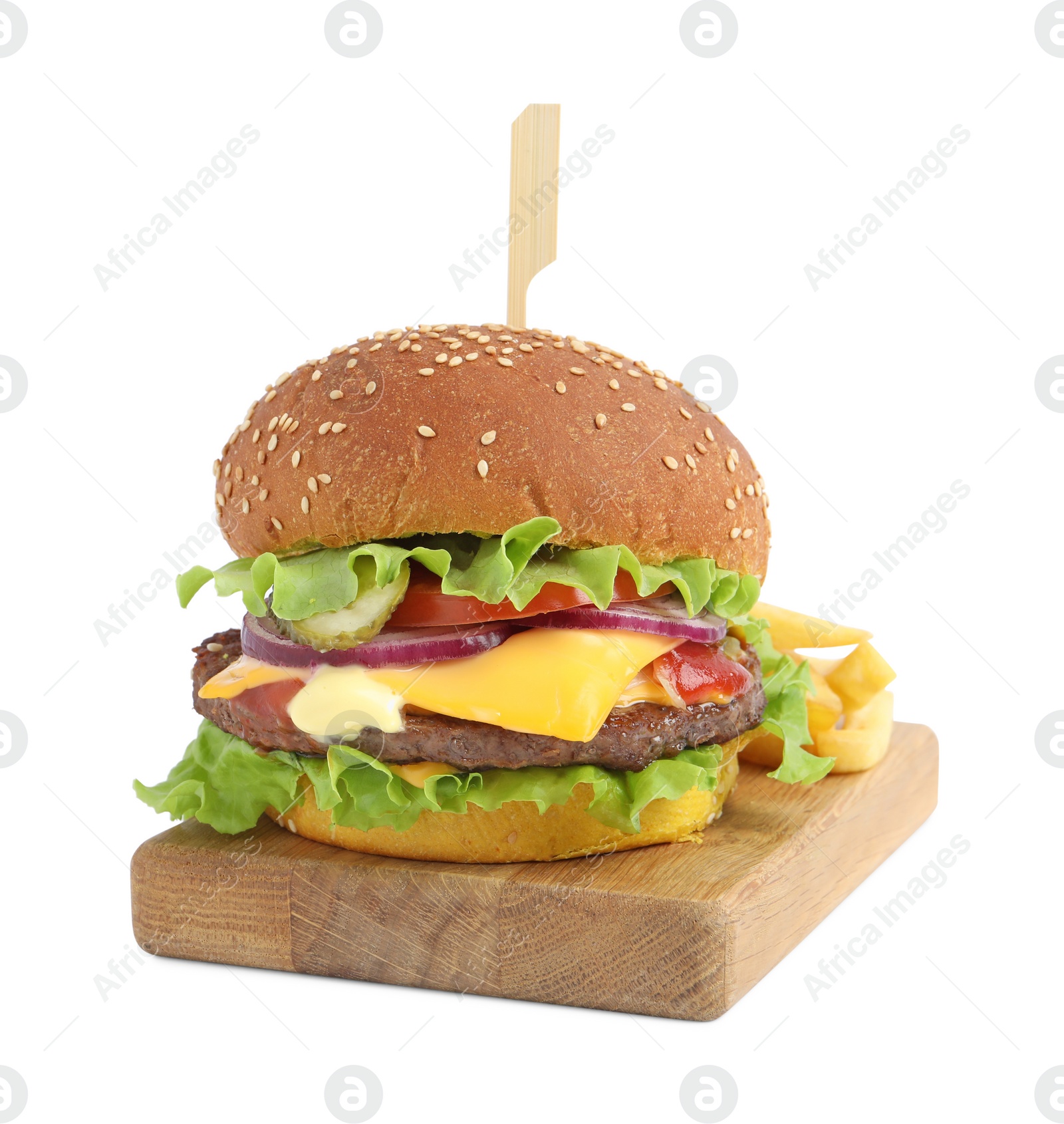 Photo of Delicious burger with beef patty and lettuce isolated on white