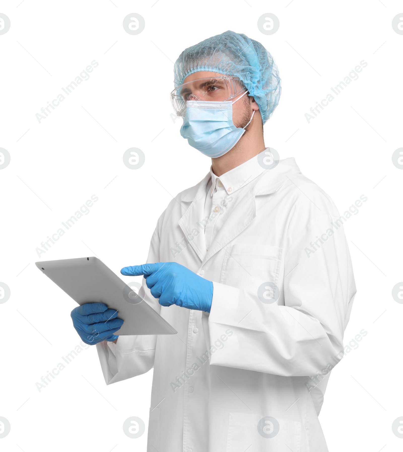 Photo of Quality control. Food inspector with tablet on white background