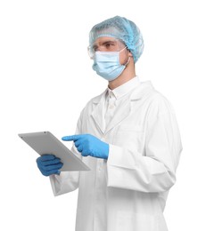 Photo of Quality control. Food inspector with tablet on white background