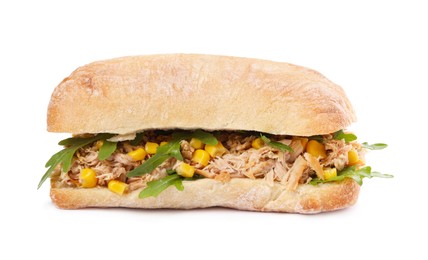 Photo of Delicious sandwich with tuna, corn and greens on white background