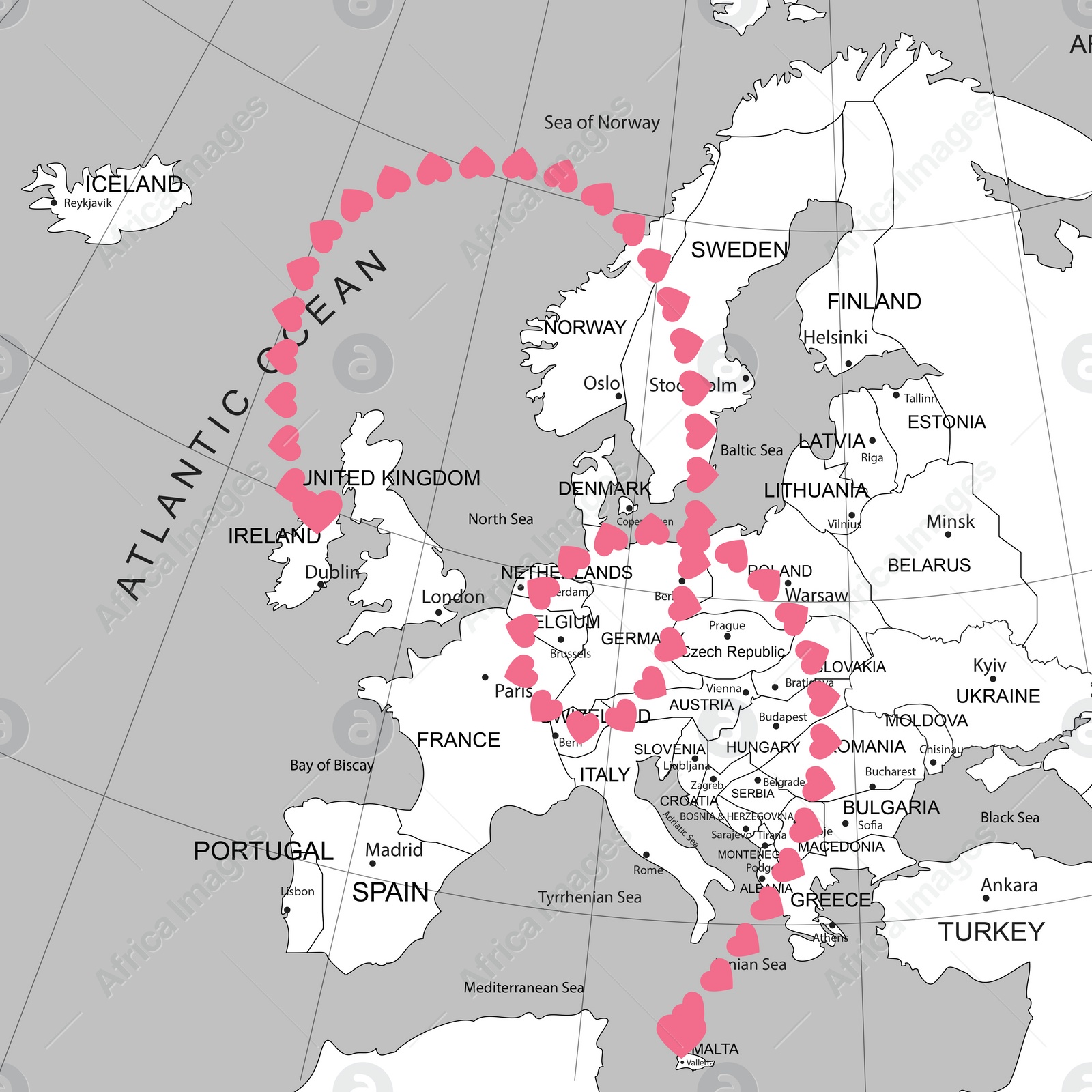 Illustration of Love in long-distance relationship. Connecting line of pink hearts between Ireland and Malta on world map