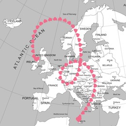 Illustration of Love in long-distance relationship. Connecting line of pink hearts between Ireland and Malta on world map