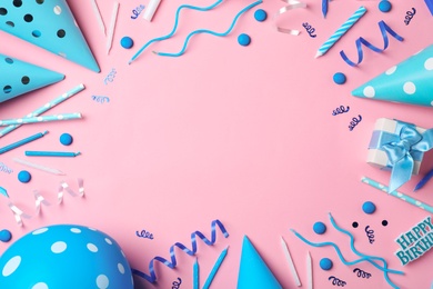 Photo of Flat lay composition with birthday party items on color background